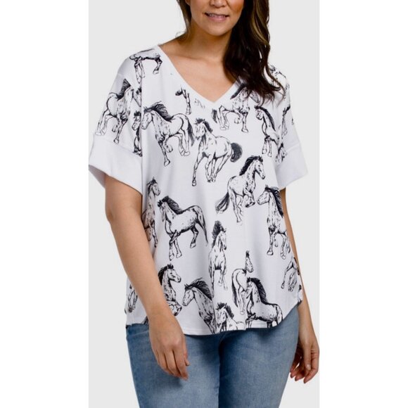 ANTHROPOLOGIE JANE & DELANCEY Wild Horses V-Neck Top Women’s 2X Plus Blk/White - Picture 1 of 10